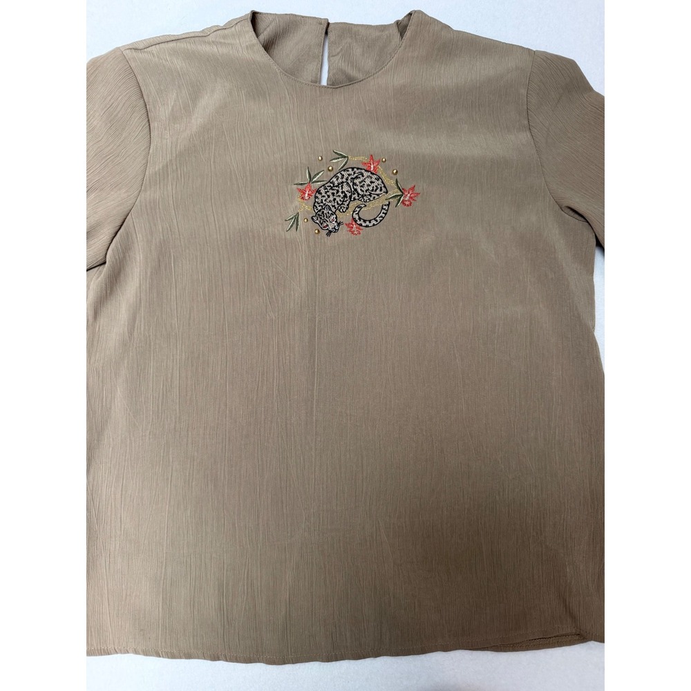 City Girl by Nancy Bolen Vintage Taupe Embroidered Leopard Blouse Small 3037